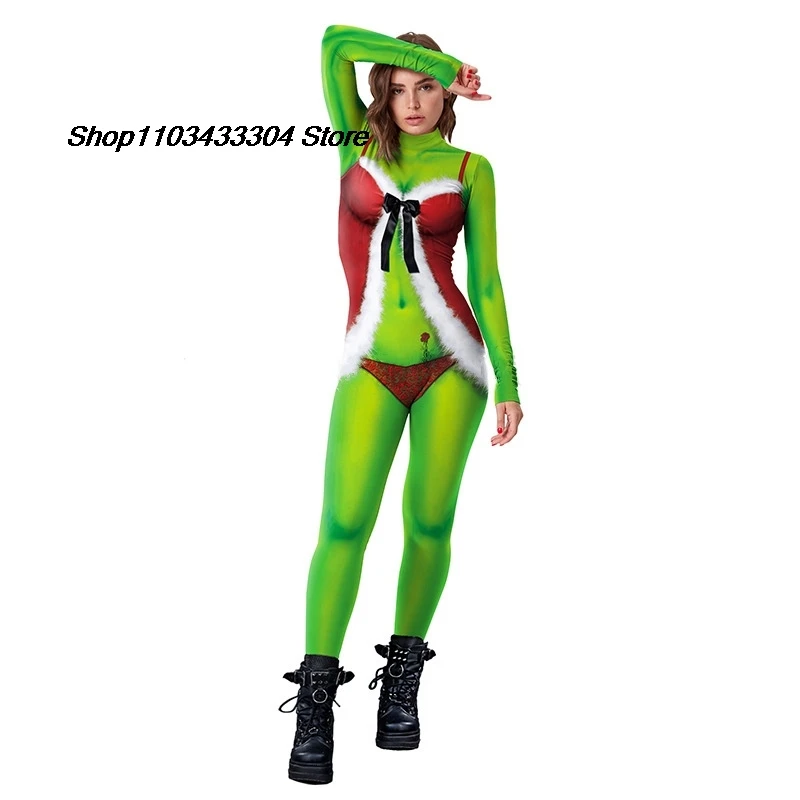 Nuevo Mono navideño para mujer, mono de manga larga con estampado de monstruo verde, fiesta navideña, disfraces divertidos de Cosplay, actuación