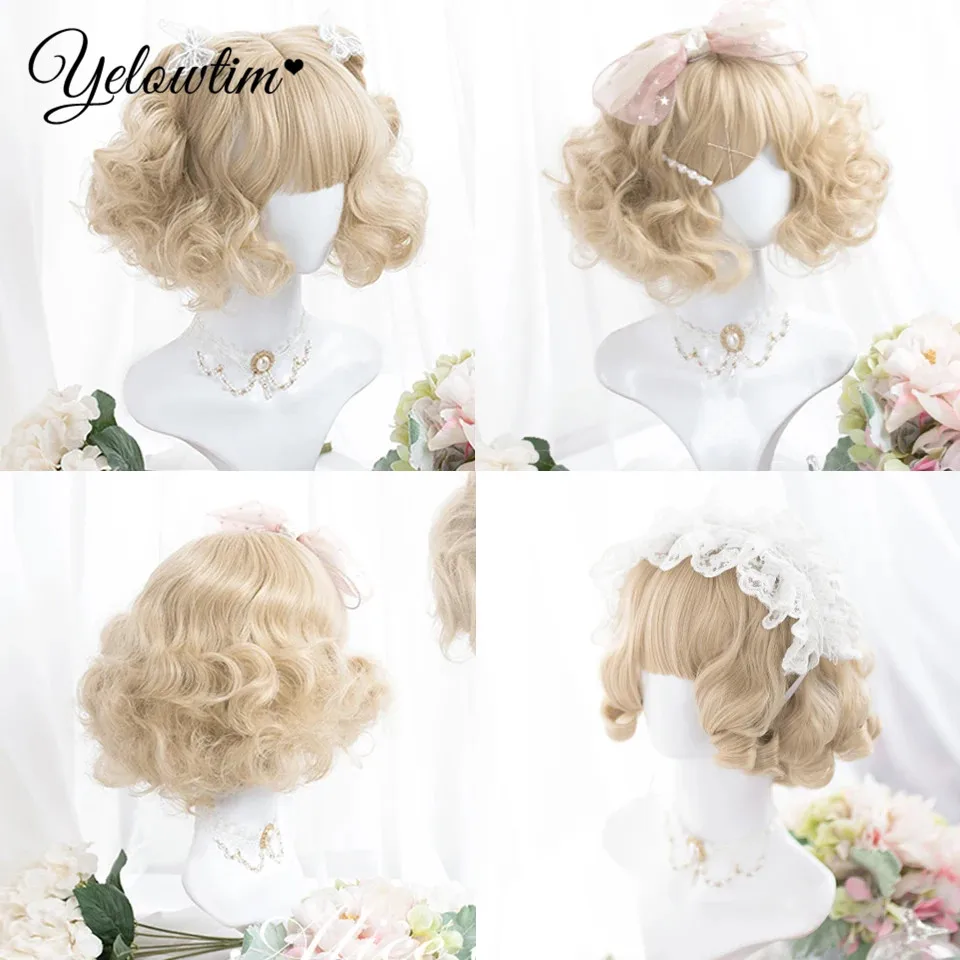 YELOWTIMShort Wave Wig Women Wig with Bangs Blonde Cospaly Lolita Daily Party Synthetic Wigs Heat Resistant Fiber Natural Fake