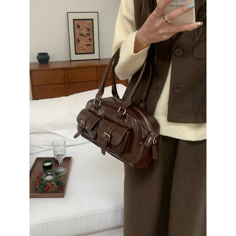 Новинка 2024 года, большая вместительная корейская сумка для боулинга с двойным карманом в стиле ретро, модная сумка для пригородных поездок под мышками