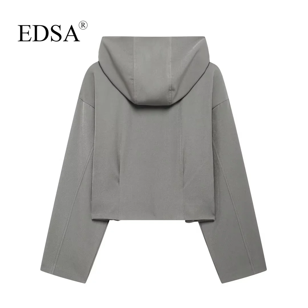 EDSA Women Hooded Jacket Spring and Autumn Cropped Coat Casual Female Solid Color Outwear