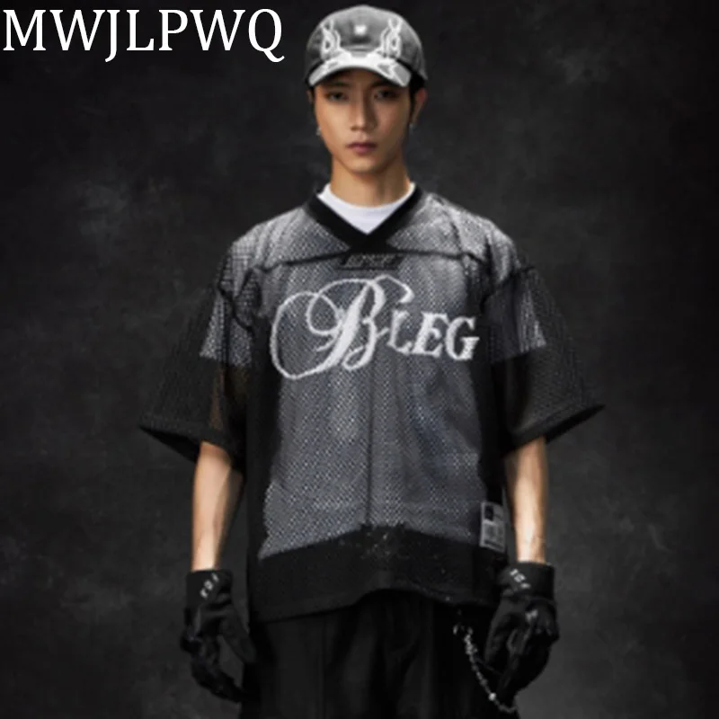 

MWJLPWQ Grenadine Male Hollow Tide T-shirts Fashion High Street Silhouette Short Sleeve Layered Summer Loose Printed Tops 010586