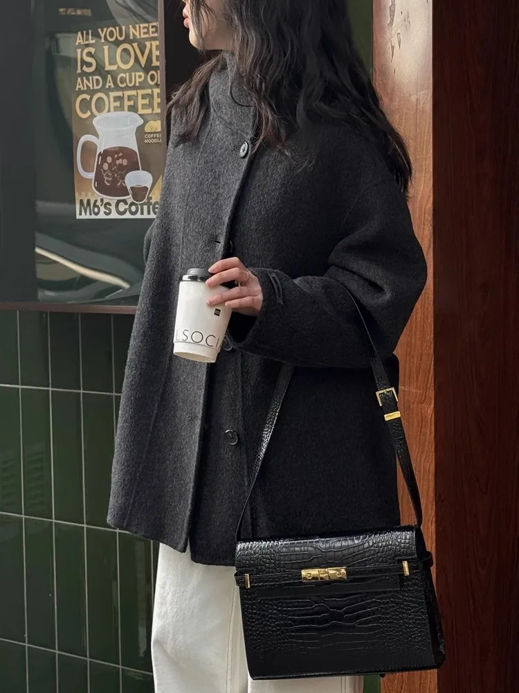 

2025 Autumn and Winter New Standing Collar Double-Sided Cashmere Coat Korean Version Slimming Woolen Jacket for Women