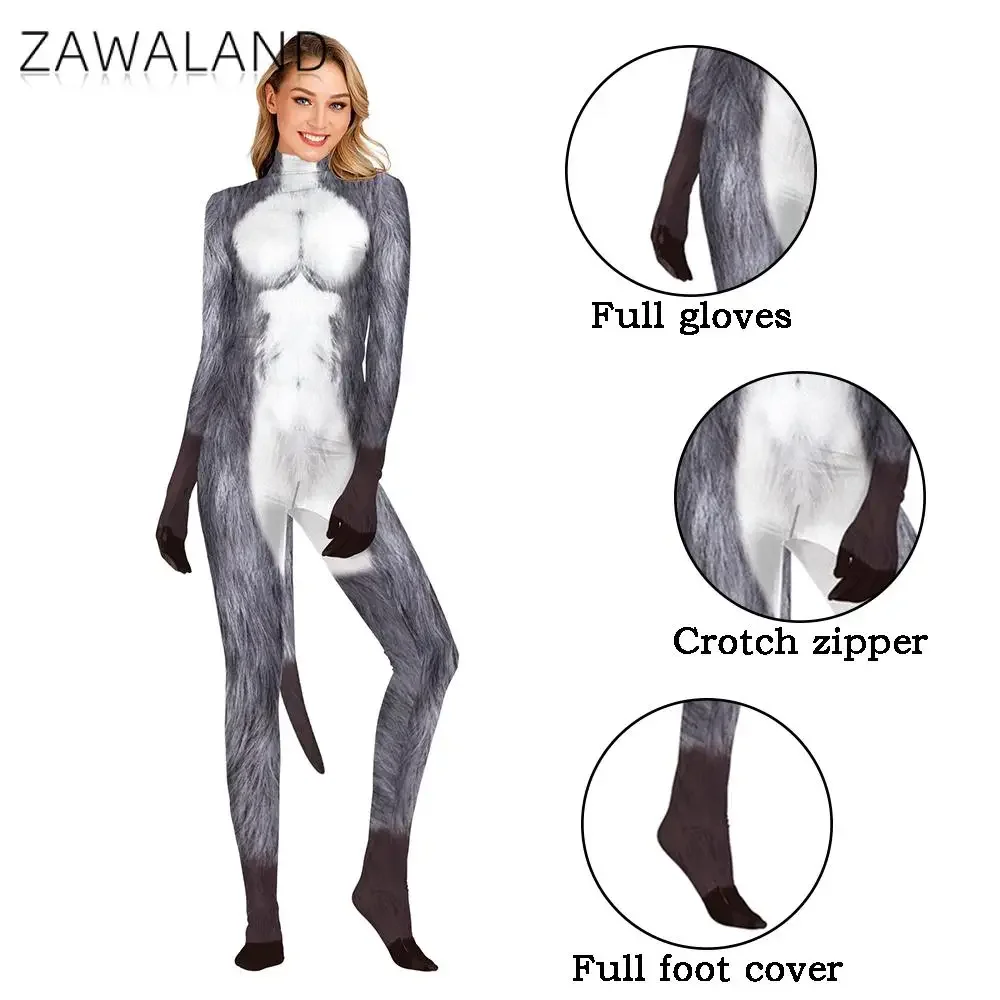 Zawaland Woman Dog Petsuits Leopard Husky Tiger Printed Full Bodysuits Carnival Disguise Clothes Crotch Zipper Costume with Tail