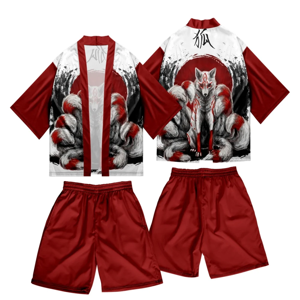 

Two-piece Suit Japanese Loose Cardigan Newest Haori Yukata Nine Tailed Fox Kimono Shorts Sets