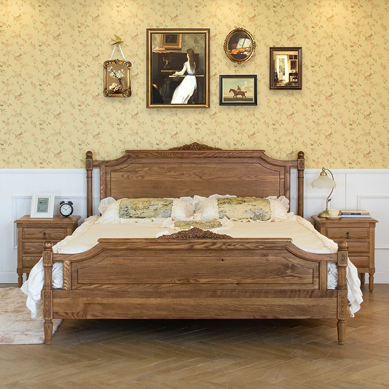 Lit de mariage américain tout en bois massif, chambre principale en chêne, avec capteur de lumière, lit de princesse simple et double rétro