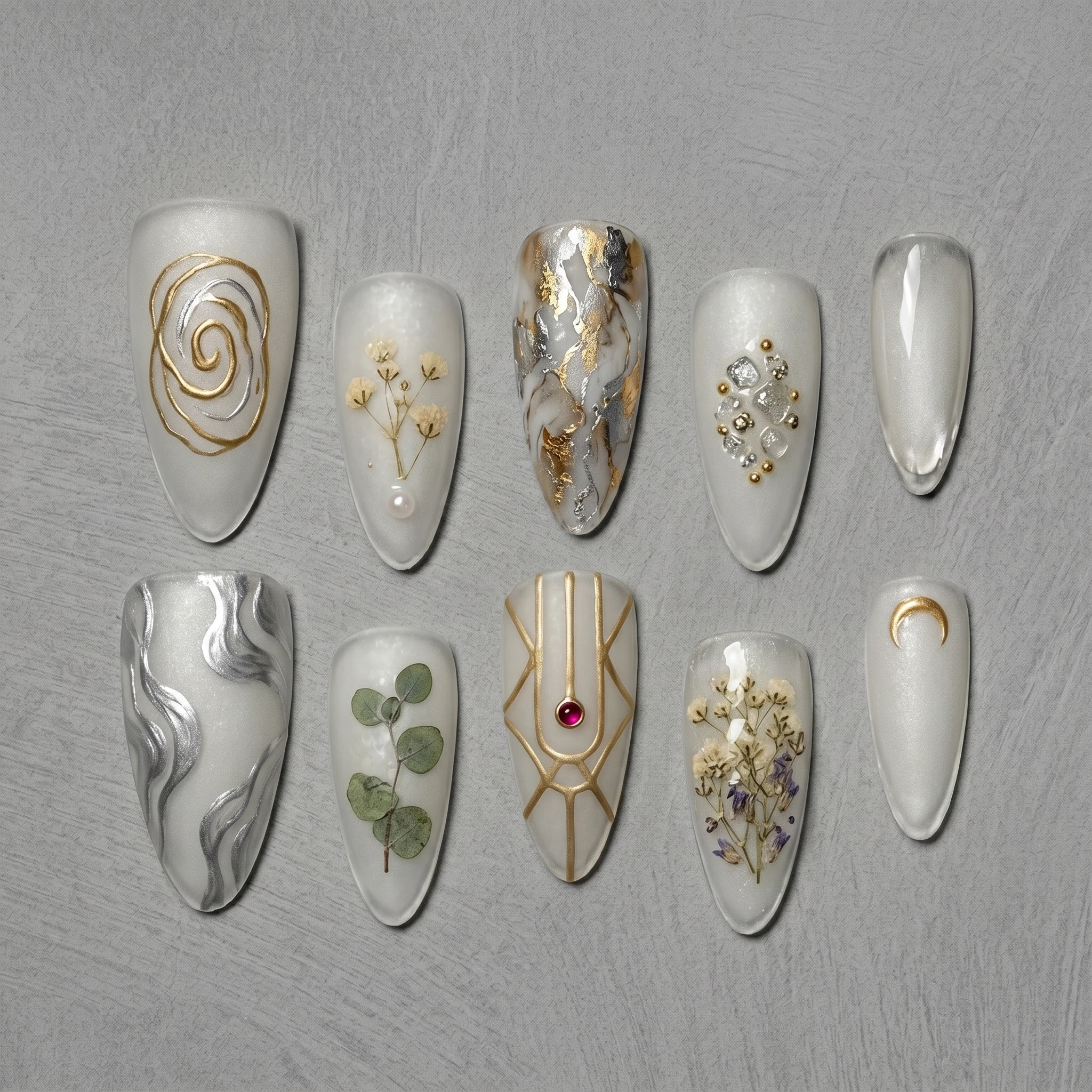 

Artisan Handcrafted 10PCS Elegant Vintage Almond Press-On Nails | Dried Flowers, Pearls, Metallic Swirls, Bridal Party Wear