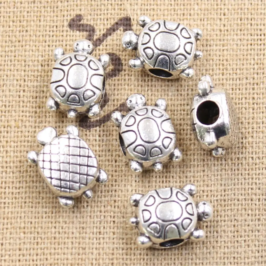 10pcs 15x10x8mm Turtle Tortoise 4mm Big Hole Bead Charm Fits Antique Silver Color Charm Bracelets Wholesale DIY Making fit