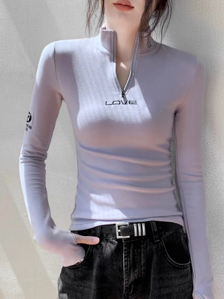Women's Slim Fit High Neck T-Shirt Letter Print Base Layer Shirt German Velvet Warm Top Commute Style Long Sleeve Sweatshirt