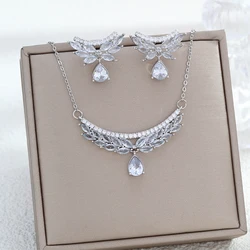 Luxury Brilliant Zirconia Leaf Necklace Earrings Set for Women Exquisite CZ Water Drop Bridal Wedding Jewelry Sets Party Gifts