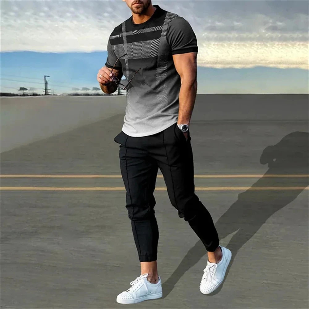 2024 Men's Sets Summer Short Sleeve T-Shirt Pants Suit Fashion 2 Piece Streetwear Print Sports Trousers Tracksuit Men's Clothing