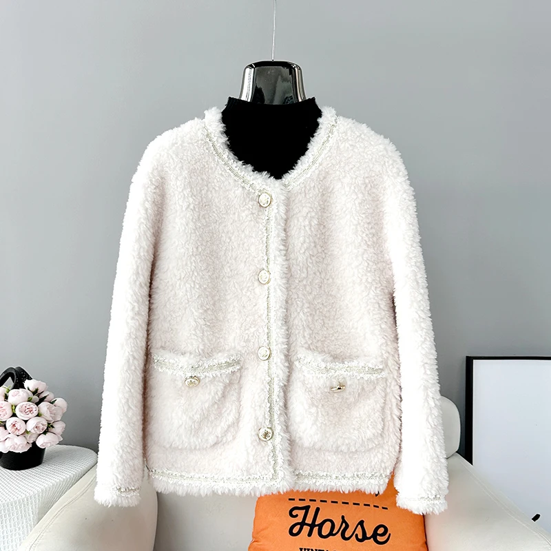 Casaco feminino de lã de cordeiro, jaqueta shearling de ovelha pelota para senhora, sobretudo feminino curto quente, novo, outono e inverno, JT3486, 2023