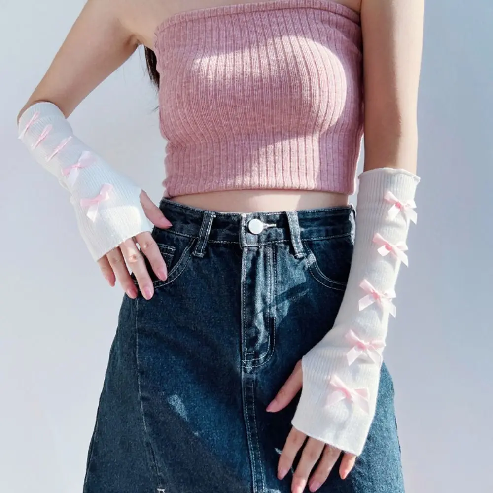 패션 탄성 Y2K 따뜻한 소매 발레 스타일 Bowknot Bow 니트 장갑 로리타 코스프레 달콤한 핑거리스 암 워머 소녀 파티