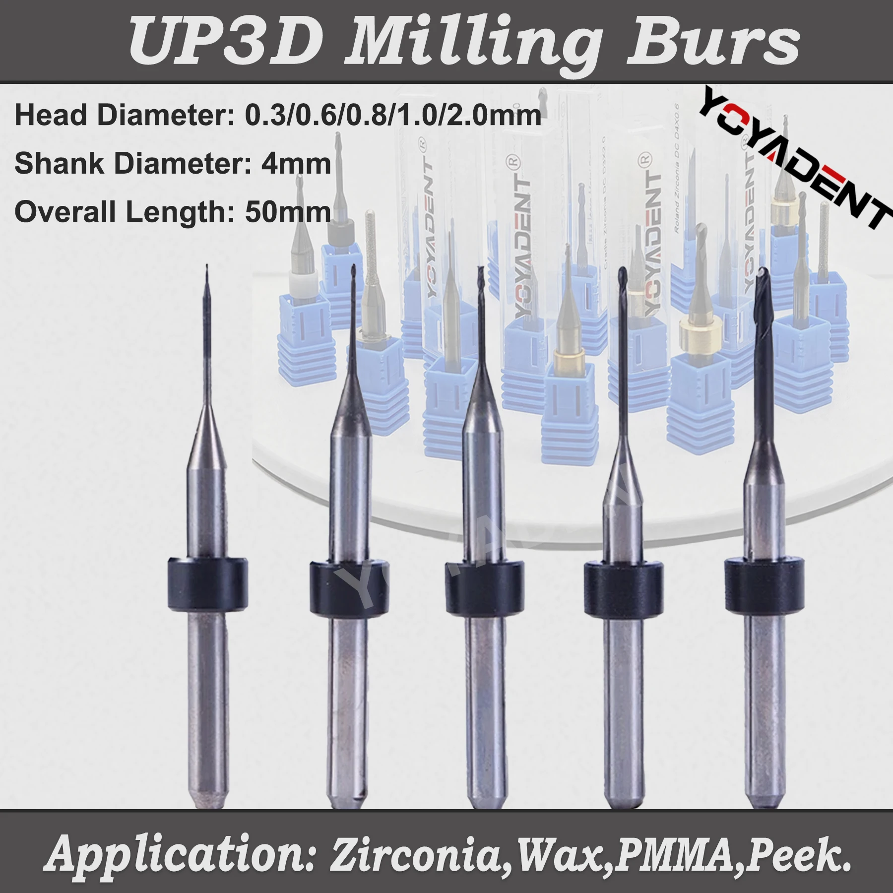 

UP3D DC/DLC Dental Milling Burs Cutters for Zirconia/PMMA Milling Burs Cutting Dental Laboratory Tools 0.3/0.6/0.8/1.0/2.0mm