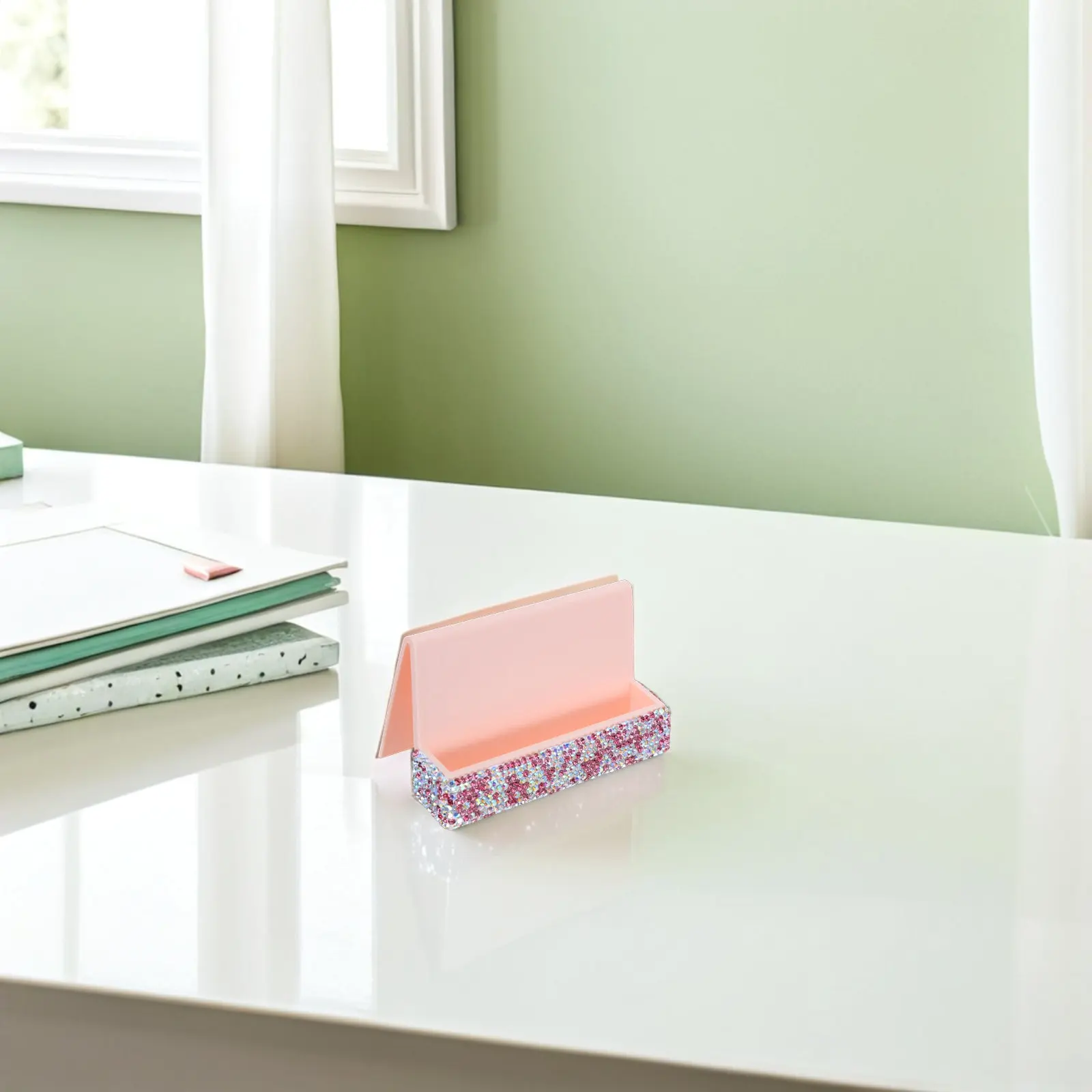 Rhinestones Crystal Business Card Holder Pink Desk Display Stand Office Desktop Card Organizer Holder Box for Cards