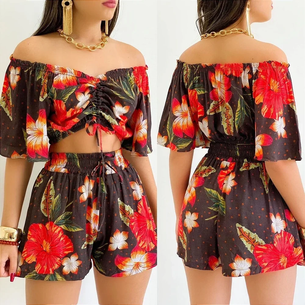 Shorts 2 Piece Set Woman Outfit 2024 Summer Plant Print Fashion Versatile Off Shoulder Drawstring & Casual Tops Suits for Female