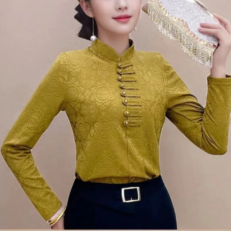 

Spring Autumn Women's 2024 Stand Collar New Splicing Button Embossed Fashion Solid Color Slim Minimalist Casual Long Sleeve Top