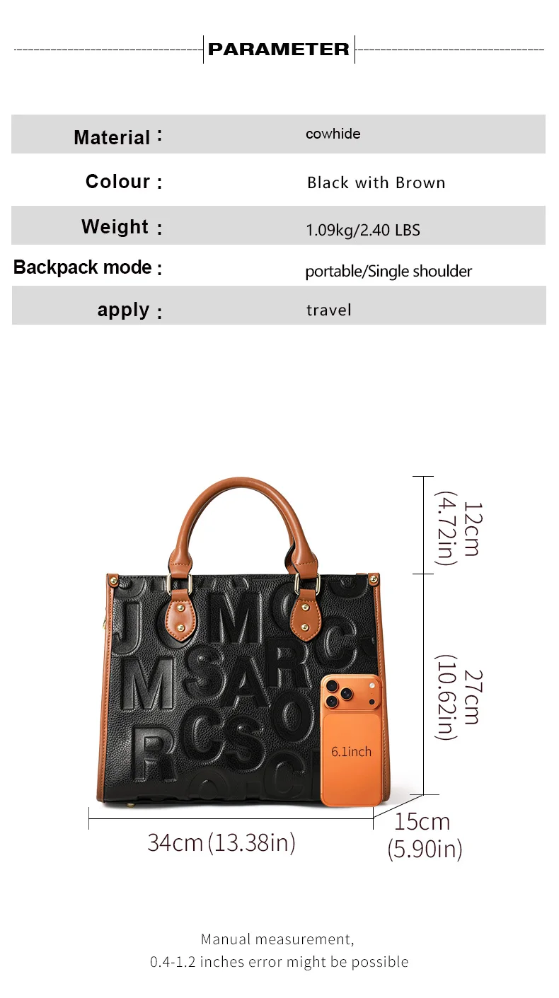 Große Kapazität Multi-Taschen Rindsleder Damen Tragetasche Buchstaben-Prägung Farbblock Handtasche Tragbare Schulter-Pendlertasche – Detail 3
