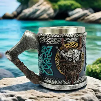 Viking Stainless Steel Single Handle Horn Skull Beer Stein Mug, Norse Viking Warrior Skull Mug Tankard Halloween Bar Drinkware