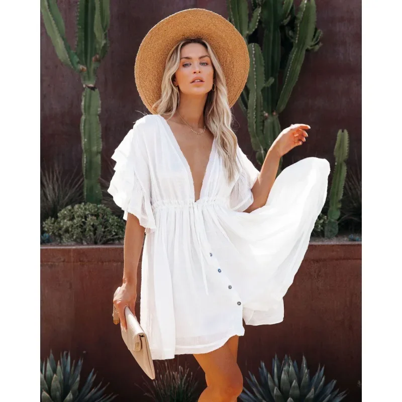 Sexy Bikini Cover-Ups Diepe V-Hals Korte Witte Tuniek Casual Zomer Strandjurk Elegante Vrouwen Kleding Strandkleding Badpak Cover Up