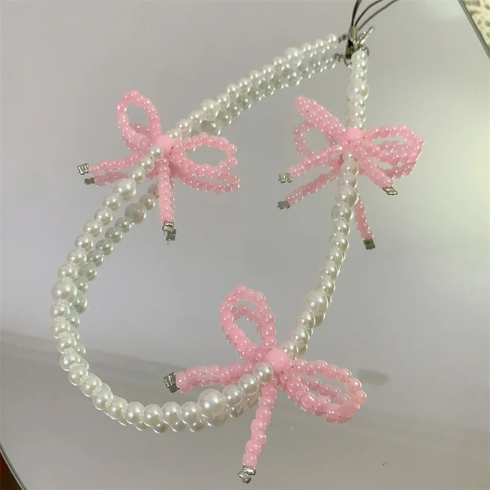 Korea Cute Pink Bowknot Pearl Pendant Beaded Phone Charm for IPhone Accessrioes Lanyard Woman Girl Jewelry Hanging Rope Strap