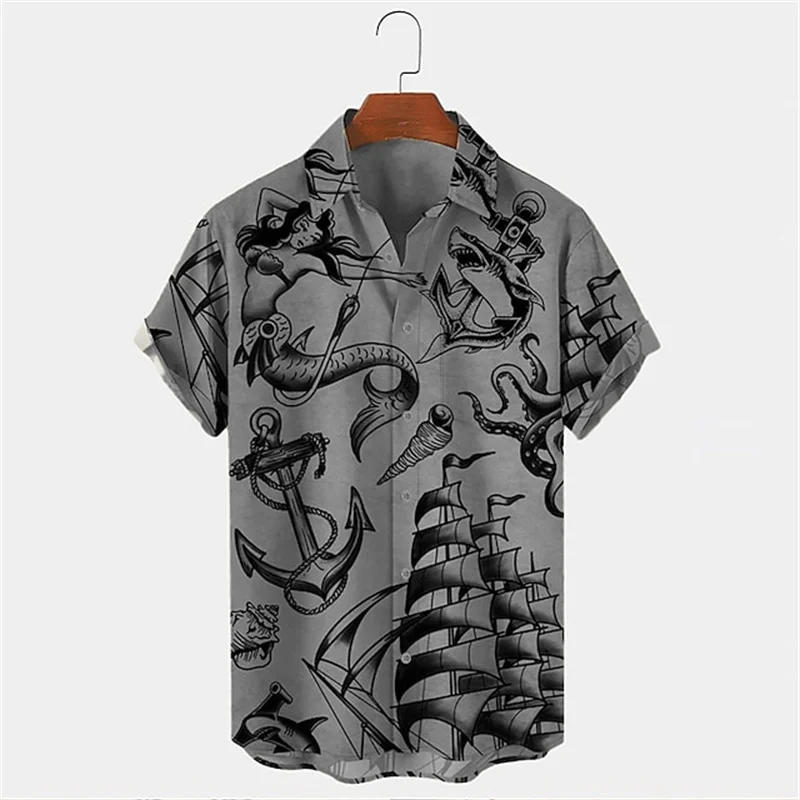 Men\'s Vintage Mermaid Print Shirts Boat Anchor Print Button Shirts Summer Ocean Element Shirts Men\'s Hawaiian Leisure Shirts