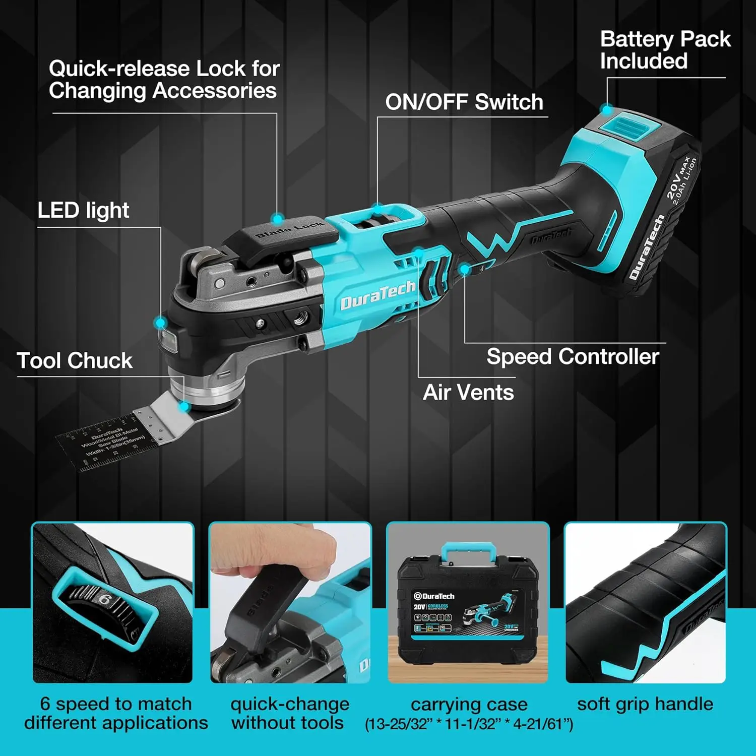 Duratech Cordless Oscillating Tool, 20V Oscillating Multi Tool Kit With 6 Variable Speed, 3° Oscillation Angle, 24Pcs