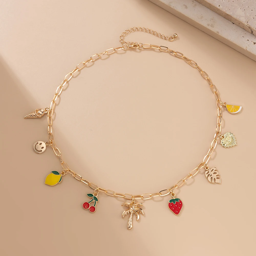 Delicious Fruit Cherry Strawberry Charms Necklace Boho Style Collarbone Chain Sweet Dopamine Woman Choker Jewelry Gift