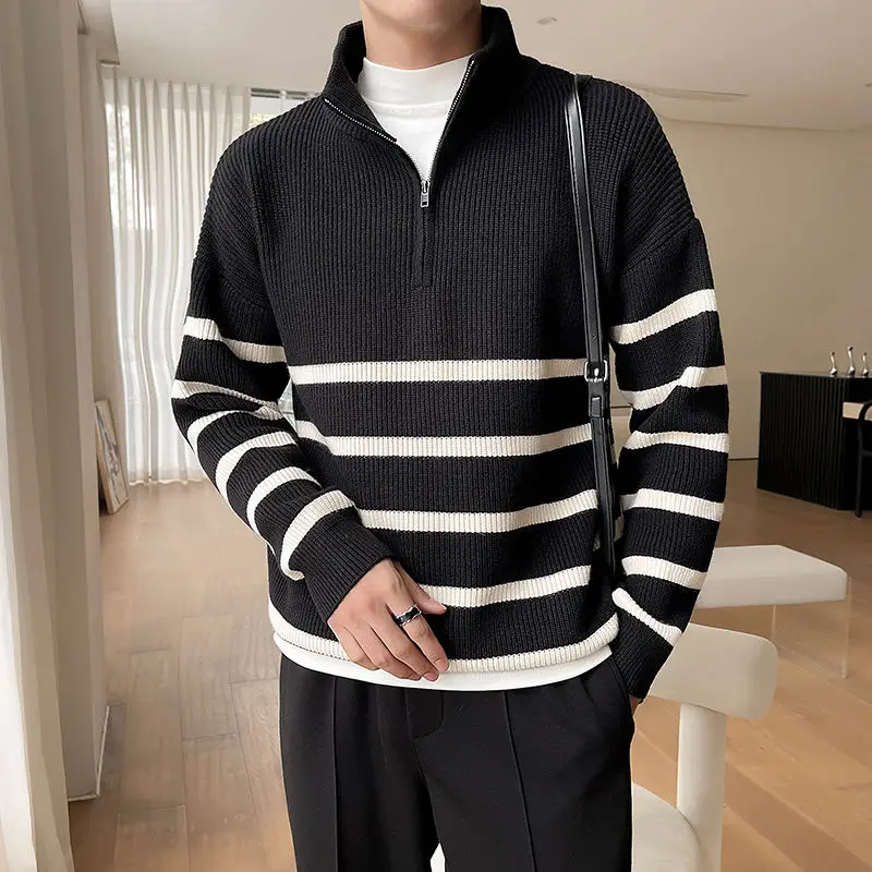 Men's Striped Mock Neck Pullover Sweater With Zipper Casual Daily Wear Autumn Winter Style