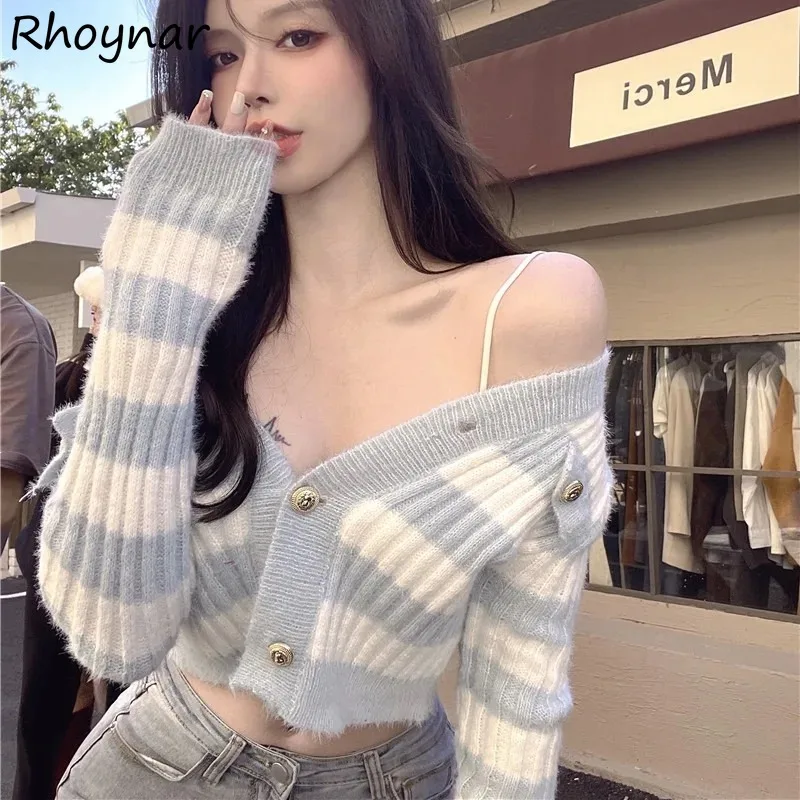 

Striped Cardigan Women Long Sleeve Short-length Designed Simple All-match Ulzzang Streetwear Spring Sweet Students Elegant Chic