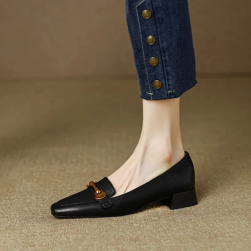 True Soft Leather Single Shoes Women 2024 Spring New Square Head Middle Heel Thick