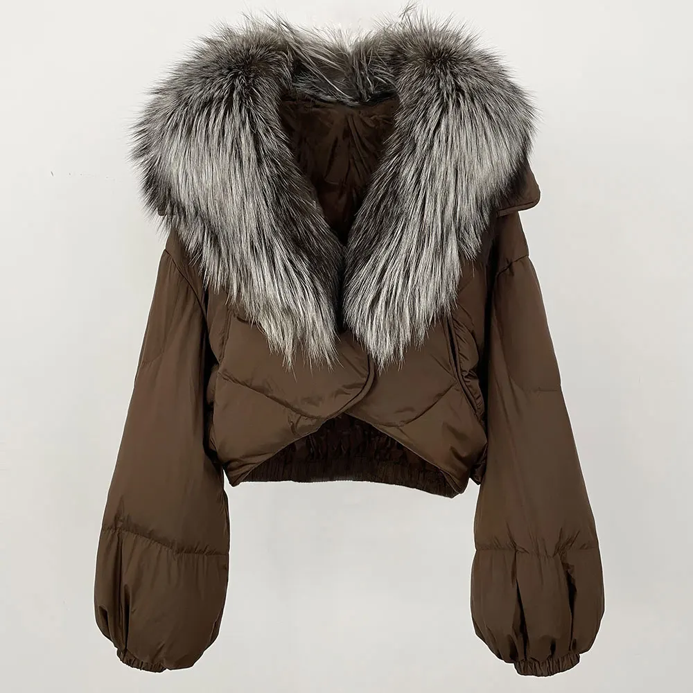 Frauen Langarm Puffer Jacke Luxus Lose Echt Fox Pelzmantel Kurze Weiße Ente Unten Jacke Mode Lässig Winter Weibliche Warme