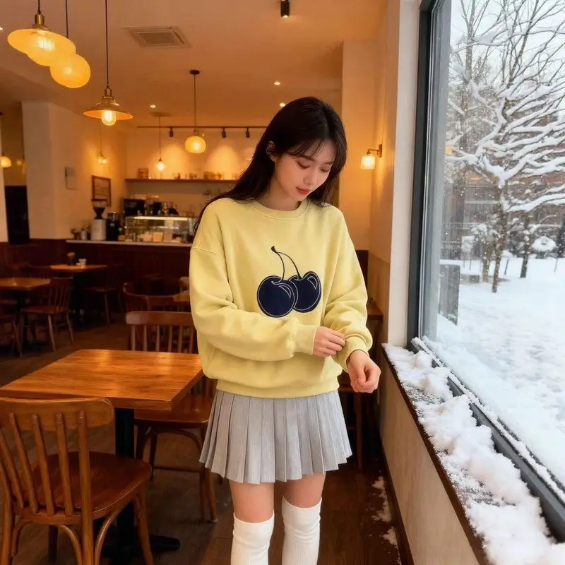 هوديي نسائي دافئ شبابي مرقع صديق للبشرة من قماش الدنيم Fce مستدير Ne صغير الحجم بتصميم الكرز العلوي #4