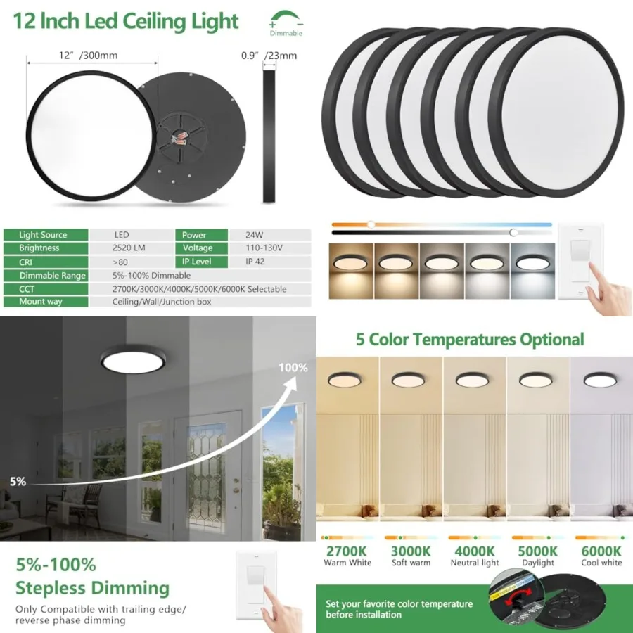 6PK 12 Inch Dimmable LED Flush Mount Ceiling Light, 24W, 2520LM, 2700K/3000K/4000K/5000K/6000K CCT Selectable, Round Flat Panel