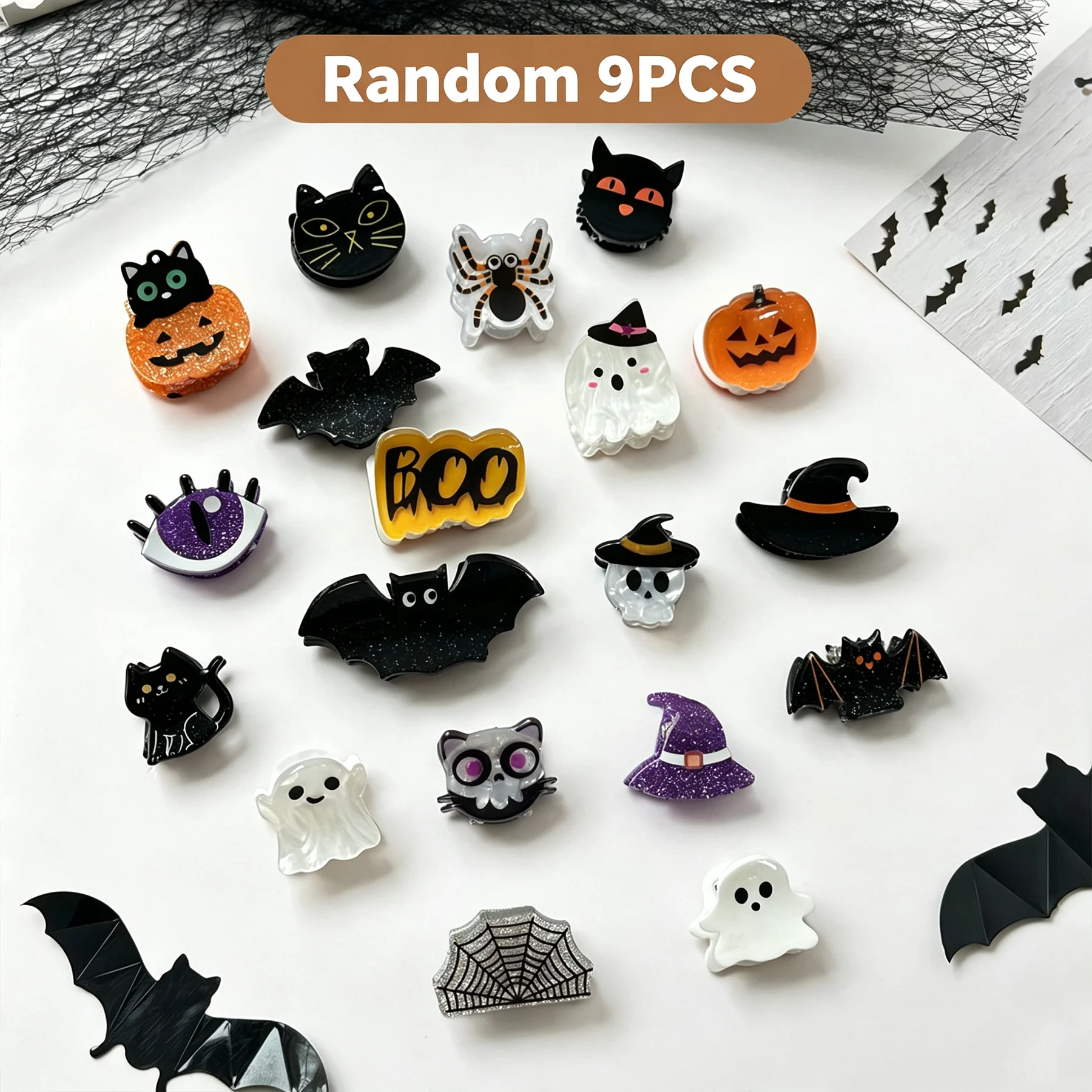 Random 9Pcs Halloween Small Hair Claw Clip Ghost Pumpkin Bats Mini Shark Clips Holiday Parties Funny Side Bangs Hair Clips