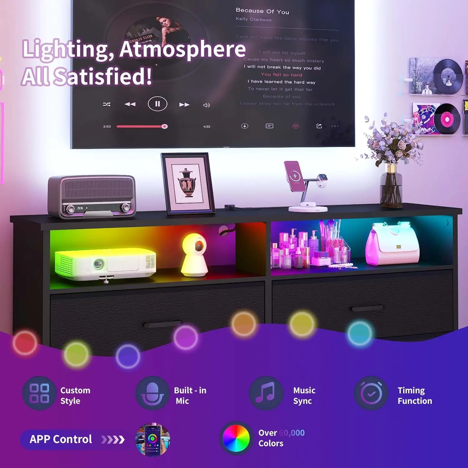 Para quarto, cômoda de tecido preto com luzes LED e estação de carregamento, cômoda com 6 gavetas longas, cômoda alta e larga