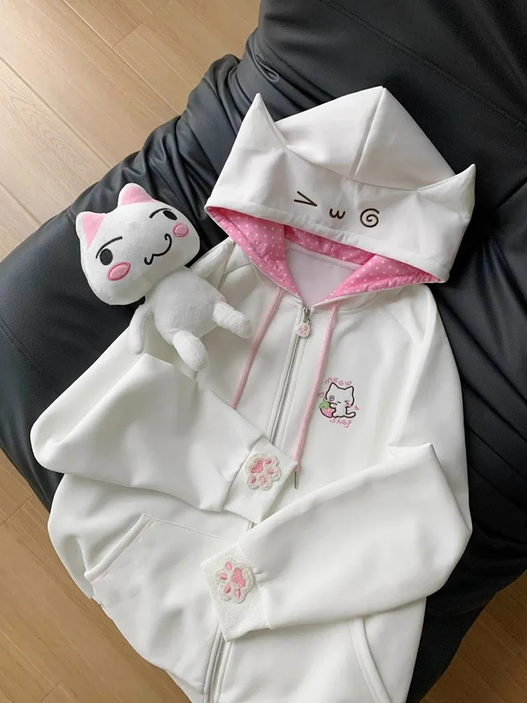 

Japanese Cartoon Embroidery Casual Kawaii Hoodies Y2K Aesthetic Loose Drawstring Women Hoody Harajuku Autumn Zipper Sweatshirt
