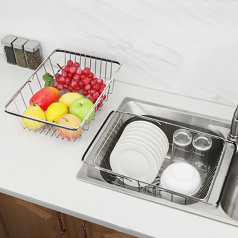 Kitchen Stainless Steel Draining Basket Retractable Over Sink Dish Rack Fruit And Vegetable Washing Basket Mesh Drain Rack