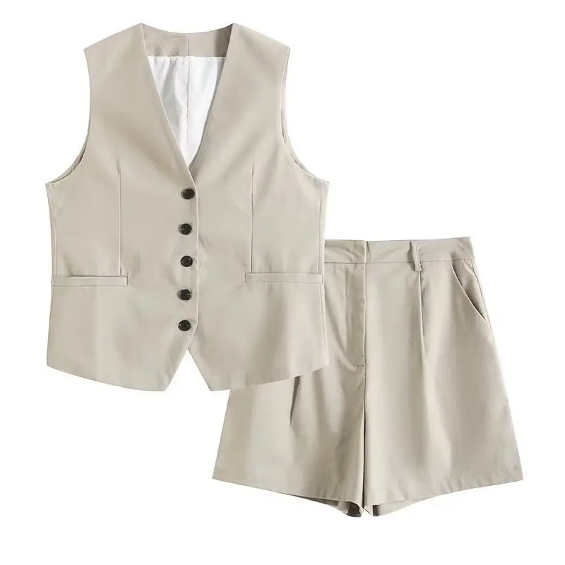 

Woman Solid Waistcoat Shorts Set Sleeveless V Neck Buttons Vest Top + Zipper Pockets Commute Elegant Female Short Pant