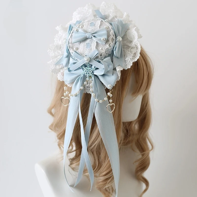 Victorian Vintage Light Blue Lolita Lace Bow Barrettes Women Sweet Pearl Tassel Small Hat Cute Hair Accessories Headwear Hairpin