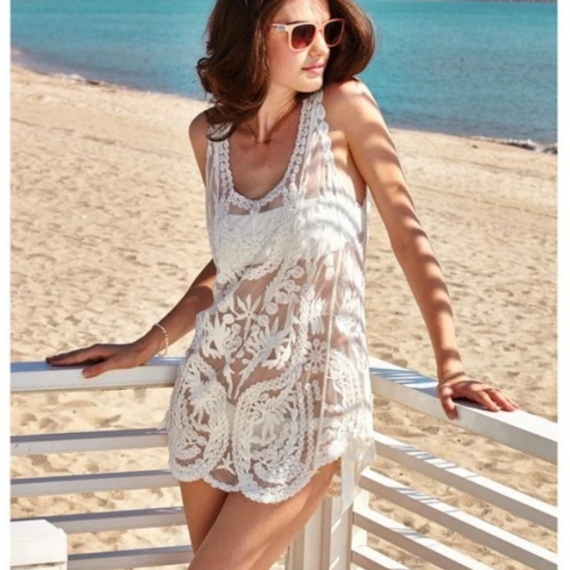 Beach Cover-up Boho Sexy Sleeveless Blouse Shirt Women Lace Summer Mini Vestidos Floral Embroidery T-Shirts Tank Tee Shirts S5WE