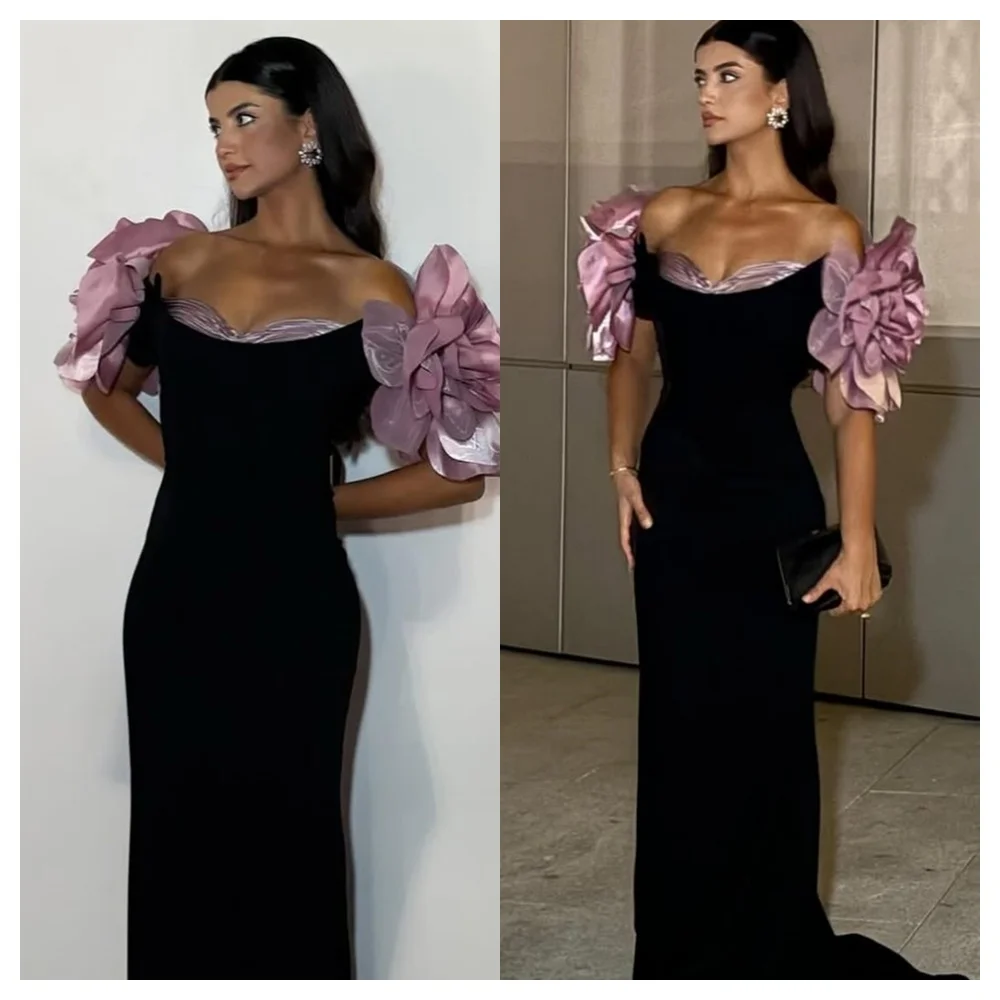 

Mermaid Exquisite Black Jersey Evening Dress Delicate Boat Neck Off the Shoulder Sleeveless Party Dress Classic Celebrity Gowns