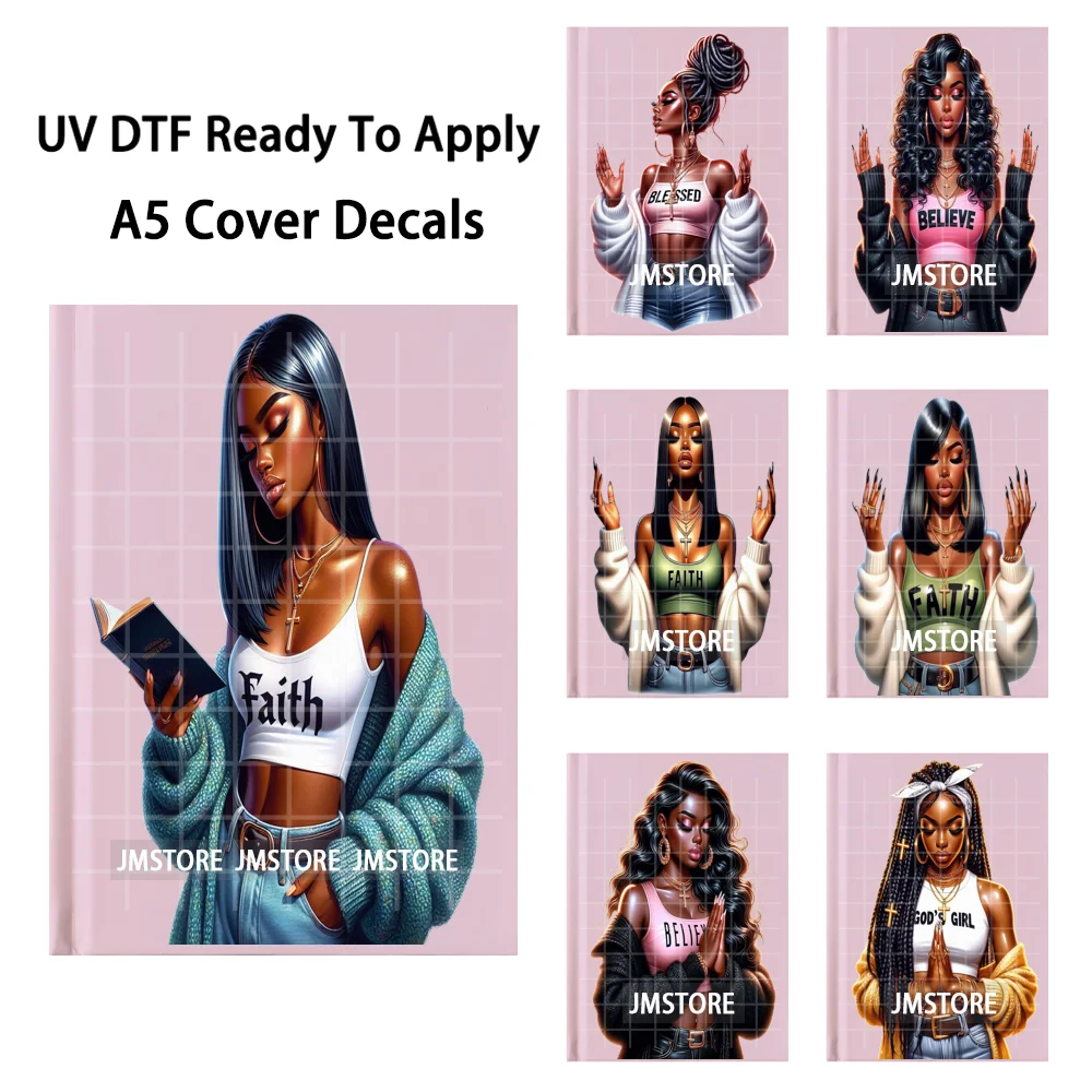 Praying Black Women Bible Study A5 Notebook UV DTF Wraps Ready To Apply Waterproof Transfer Stickers Decals For Journal Cover