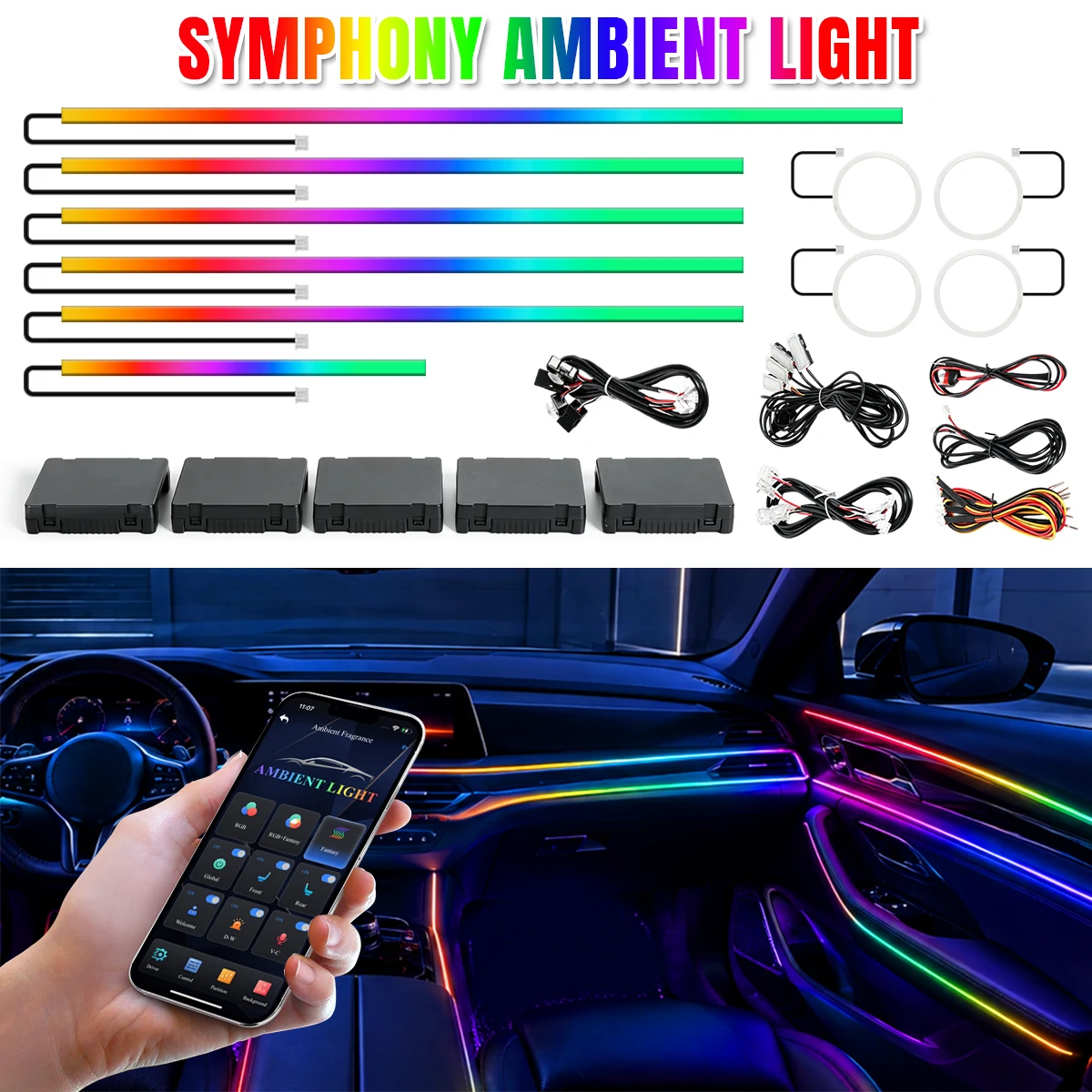 Dreamcolor‑Acryl‑Auto‑Innen‑LED‑Leiste mit kabelloser APP, RGB 6/10/14/18/22‑in‑1, 175‑Zoll‑Lichtleiter‑Leisten, dynamische Verfolgung, Musik‑Sync‑Neon‑Auto‑Ambiente‑Beleuchtungsset