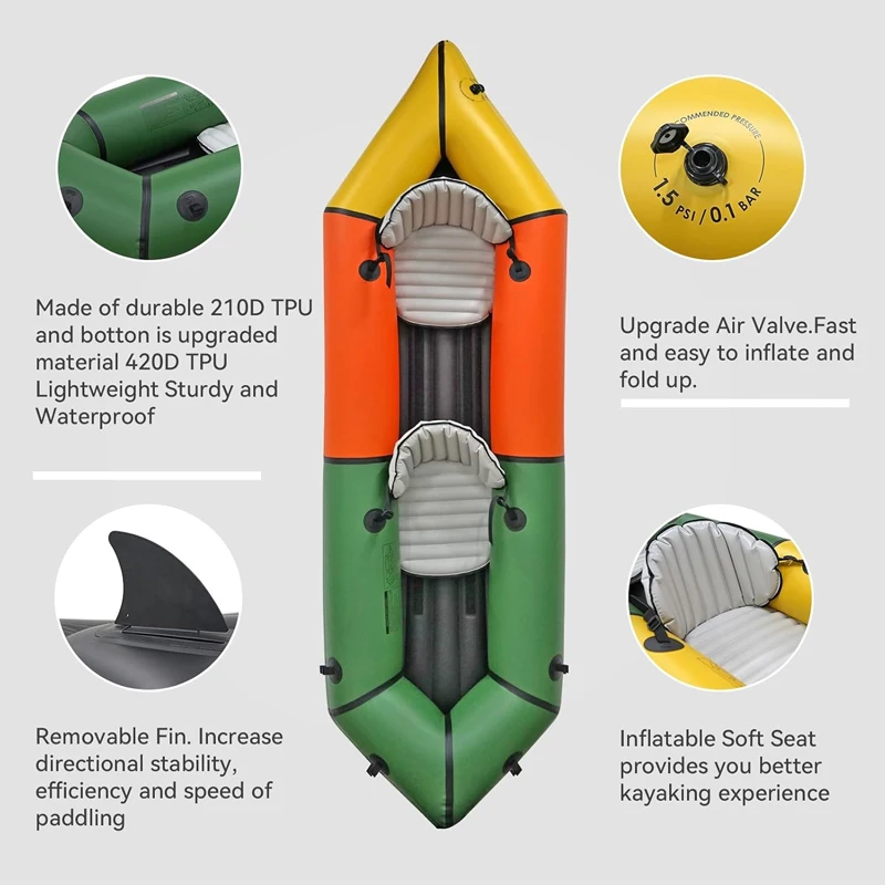 Fast Dispatch Inflatable Boat Yellow Green Orange Color Ultra Lightweight Double Side Inflatable TPU Packraft for Two Person