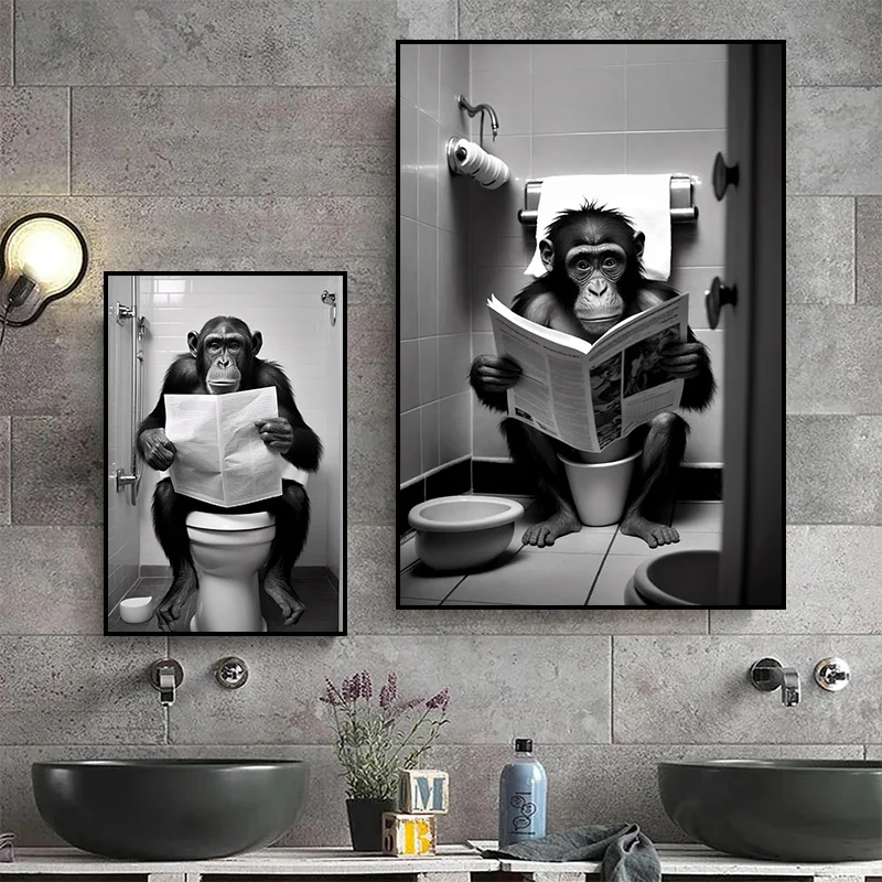 Funny Monkey Highland Cow Sitting on The Toilet Reading A Newspaper Poster Animal Canvas Painting And Print Bathroom Wall Decor