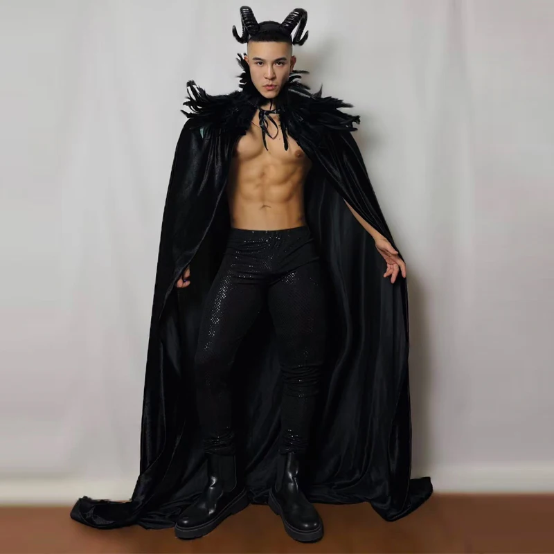 

Костюм для Хэллоуина: Сексуальный наряд для танцев на пилоне, мужской костюм гоу-гоу, черный плащ, брюки с пайетками, сценический рейв-костюм, одежда для косплея