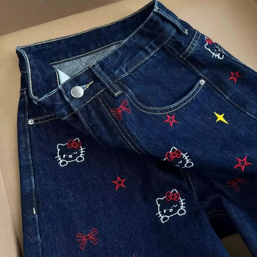 アメリカンスタイル Y2K ハローキティデニムパンツサンリオアニメガールズジーンズかわいい新しい女性夏猫刺繍スリムストレートパンツ