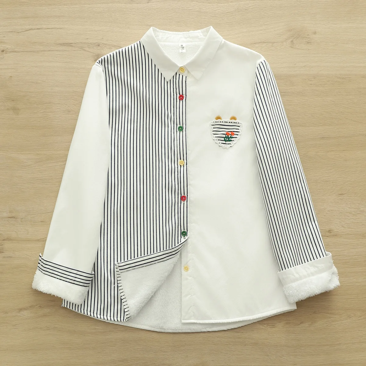 

Japanese Sweet Mori Girl Striped Patchwork Flower Embroidery Fleece Cotton Shirts Women Autumn Long Sleeve Casual Blouse Tops