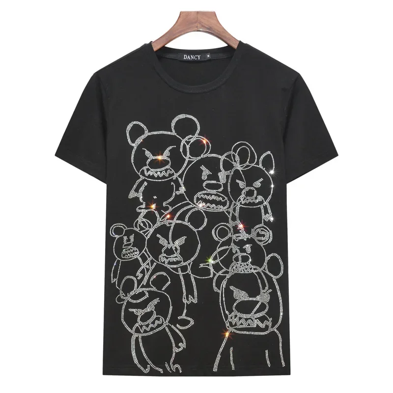 

Plus Size Rhinestones Bears Cartoon T Shirts Women Clothes Fashion Streetwear O Neck Ladies Short Sleeve Tshirts Chemise Femme