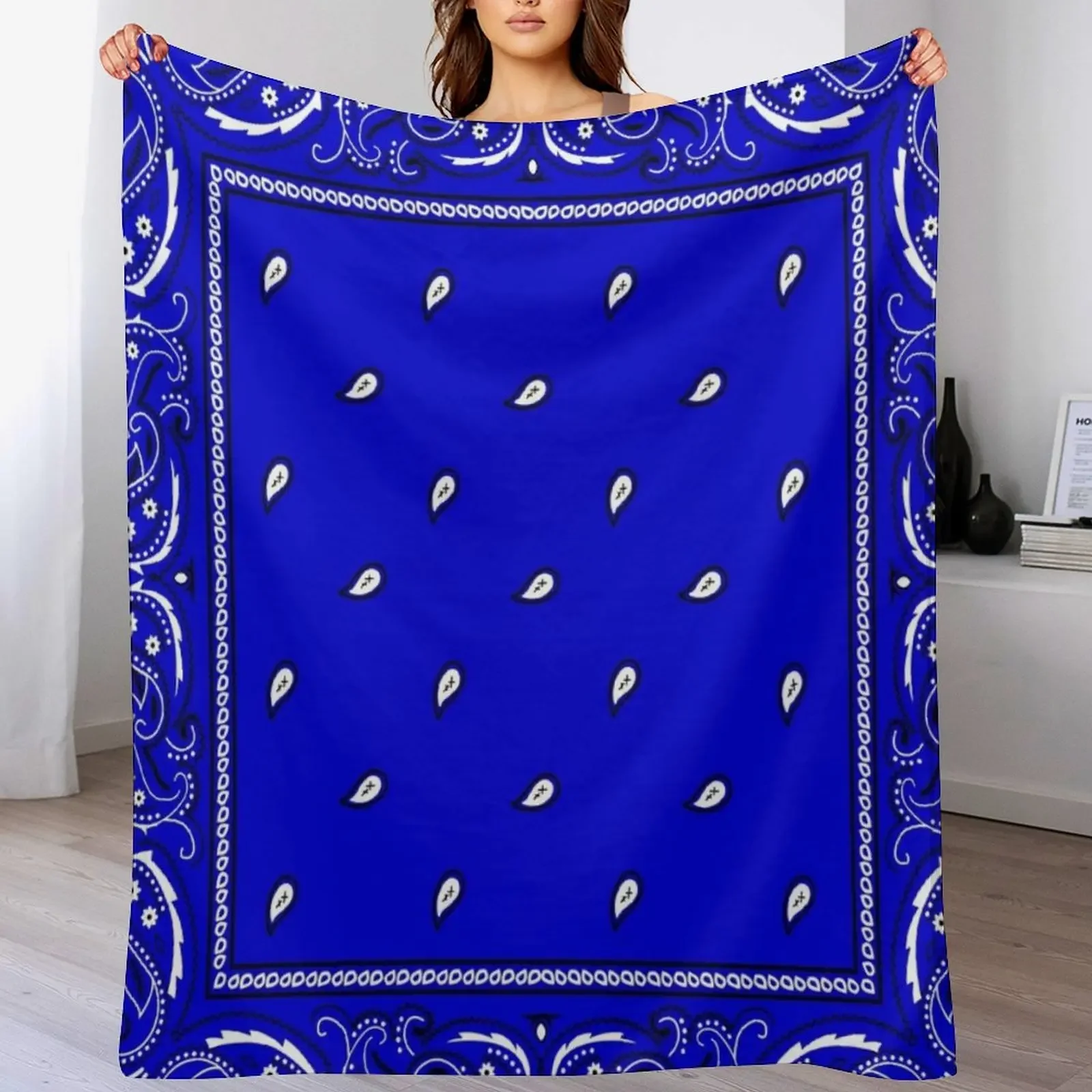 Royal Blue Paisley Bandanas Throw Blanket Color Fast Cozy Throw Blanket